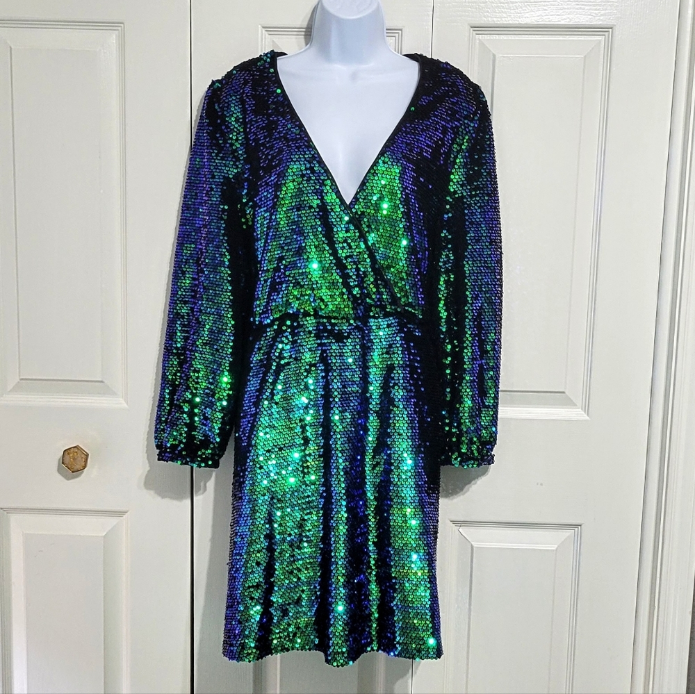 Baltic Born Xander Sequin Mermaid Dress Sleeves Blue Green Turquoise